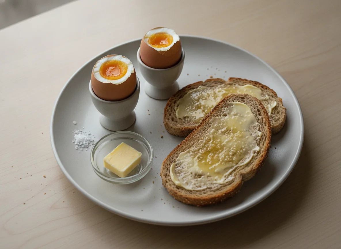 Soft boiled eggs with buttered toast photo