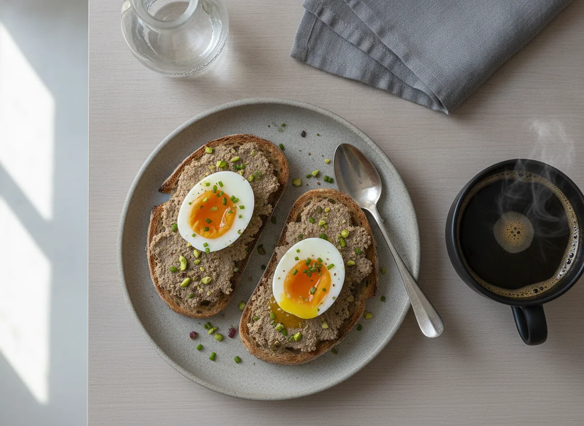 Soft boiled eggs with liver pate on toast and black coffee photo