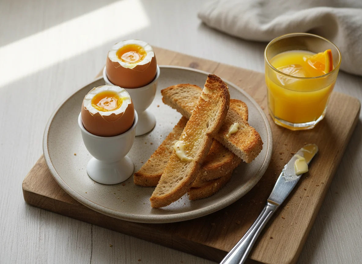 Soft boiled eggs with toast soldiers and orange juice photo