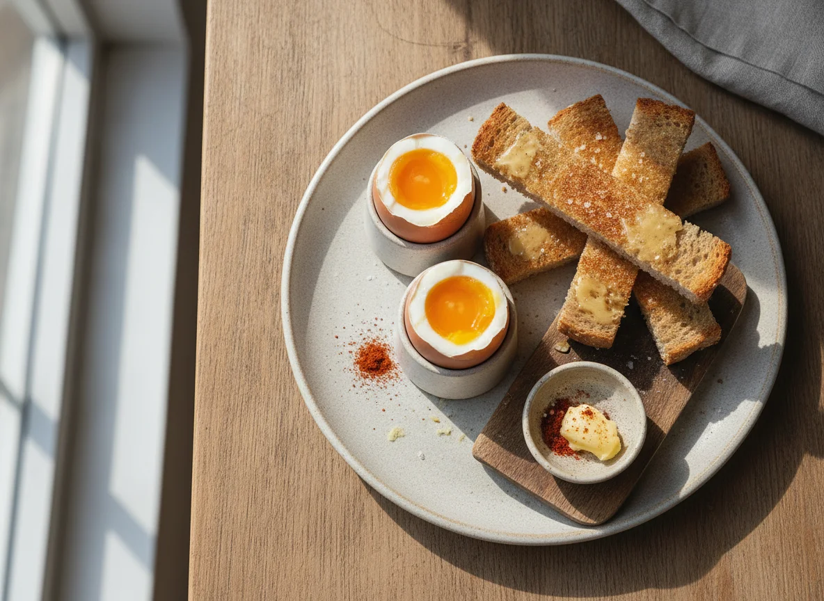 Soft boiled eggs with whole grain toast soldiers photo