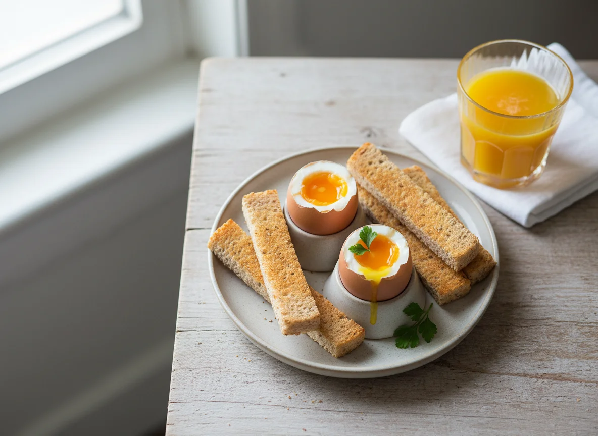 Soft boiled eggs with whole grain toast soldiers and orange juice photo
