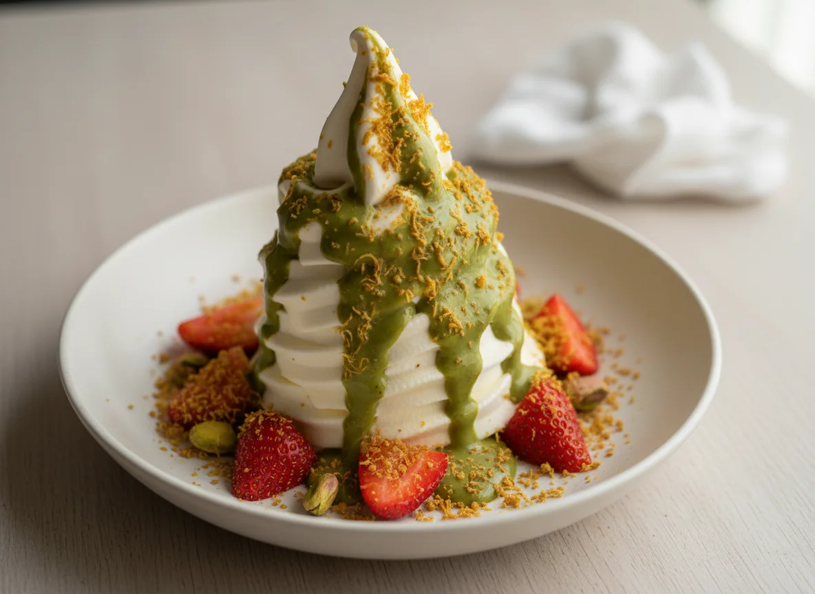 Soft Serve with Strawberries, Pistachio Sauce, and Kunafa photo
