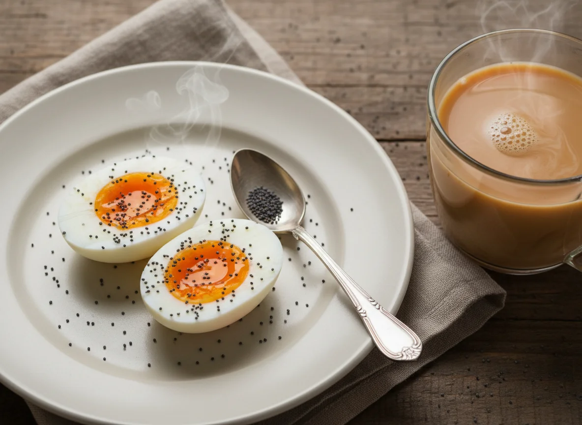 Soft-boiled eggs with poppy seeds and milk tea photo