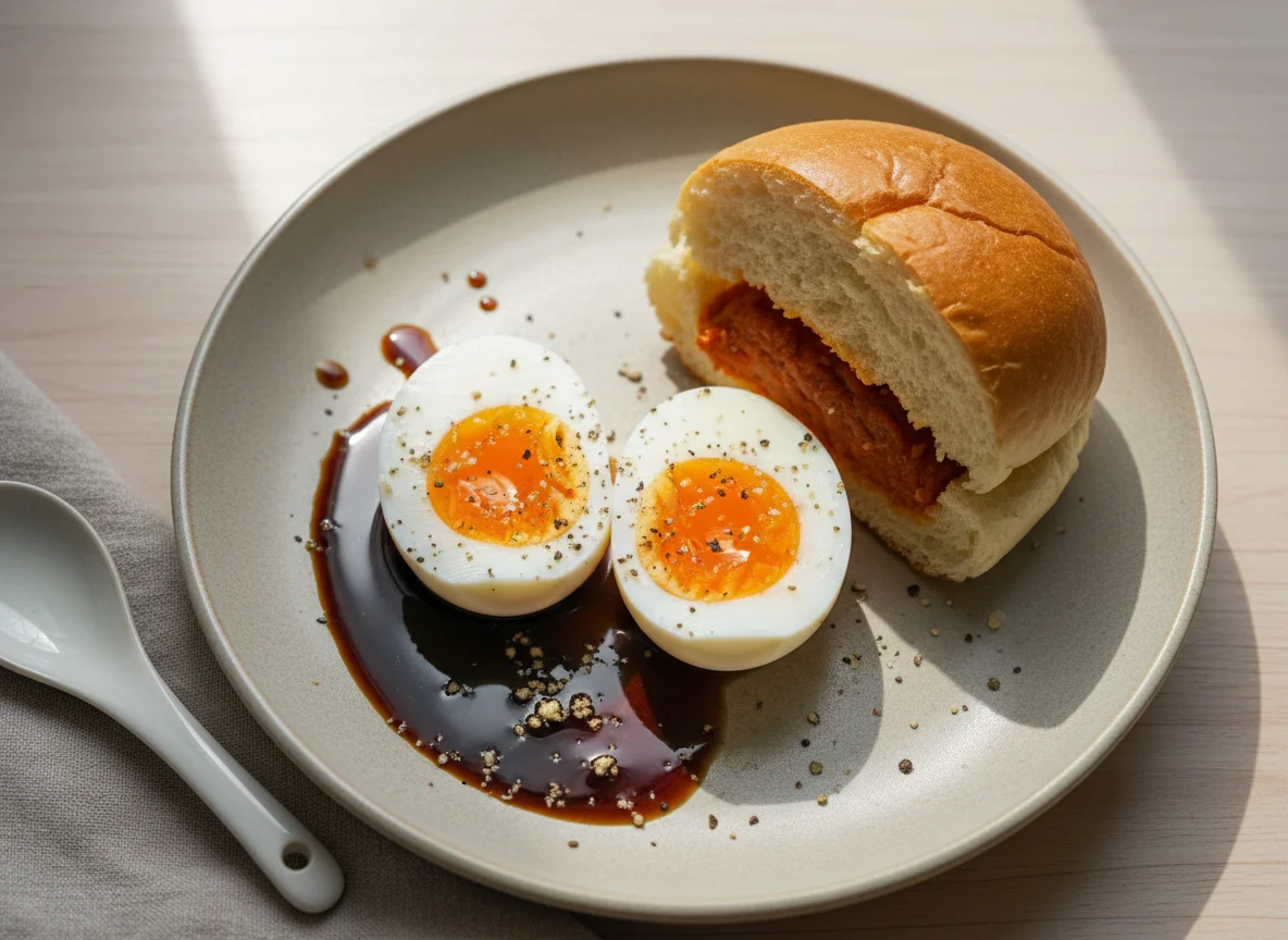 Soft-boiled eggs with soy sauce and a savory bun photo