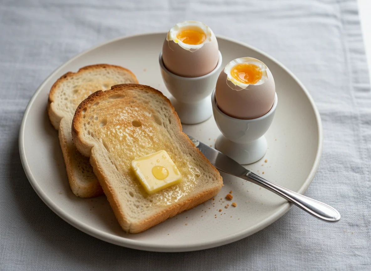 Soft-boiled eggs with toast and butter photo