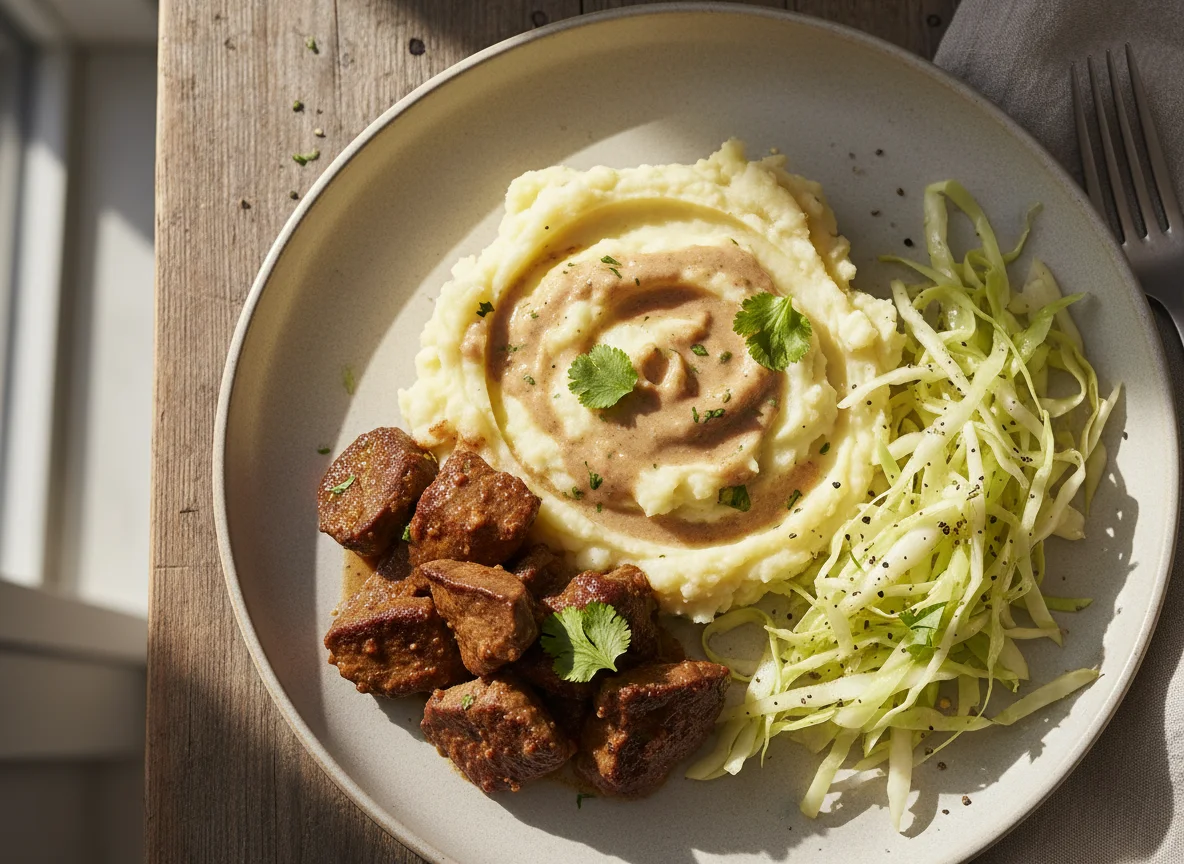 Somali Mashed Potato and Meat with Cabbage photo