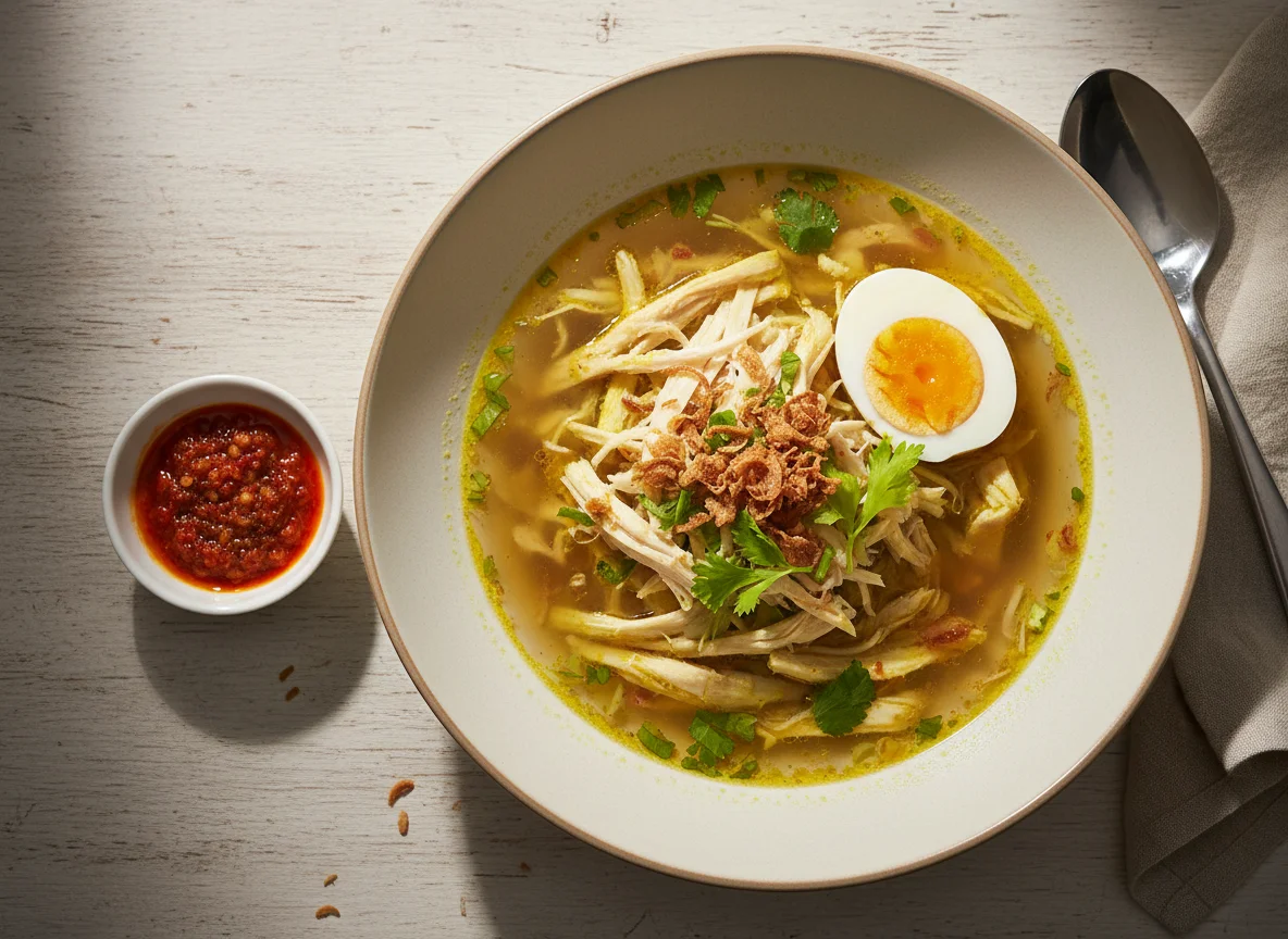 Soto Ayam with Egg and Fried Shallots photo