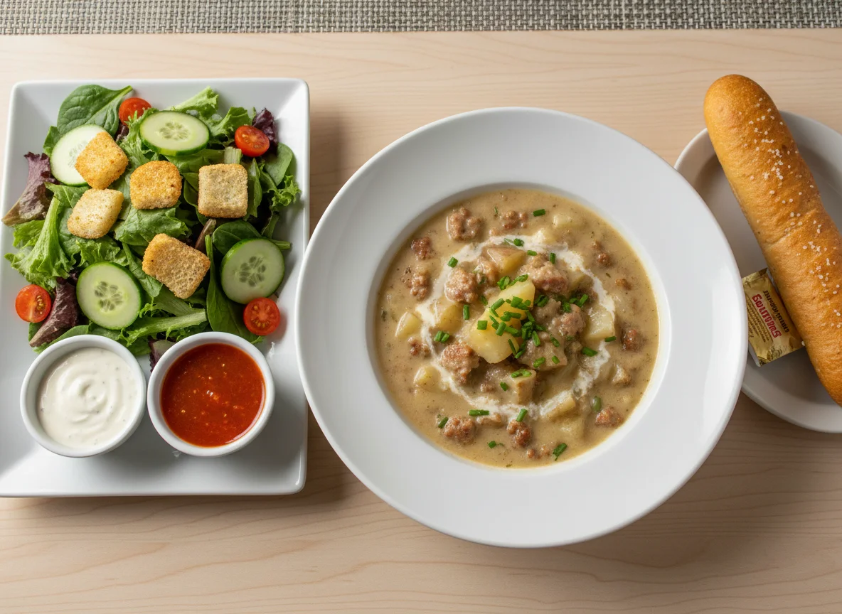 Soup, Salad, and Breadstick Meal photo