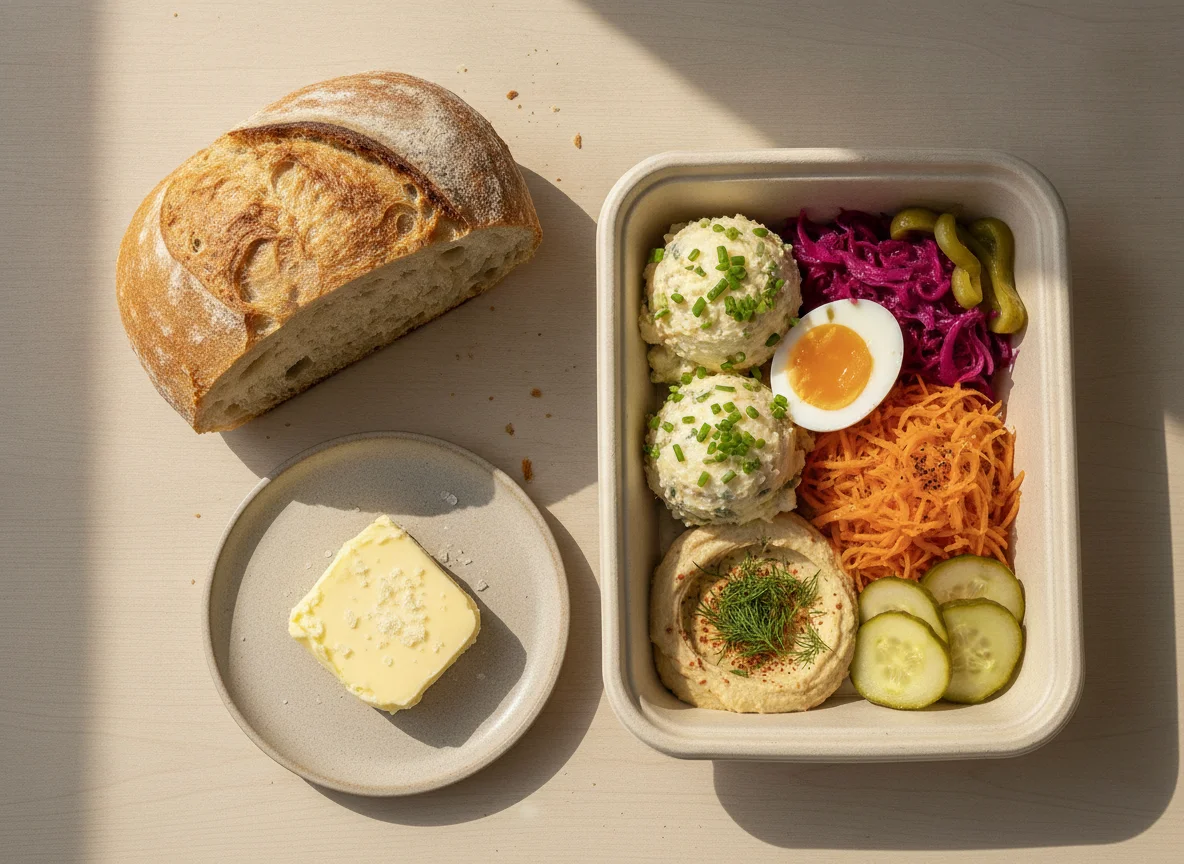 Sourdough bread with butter and mixed salad box photo