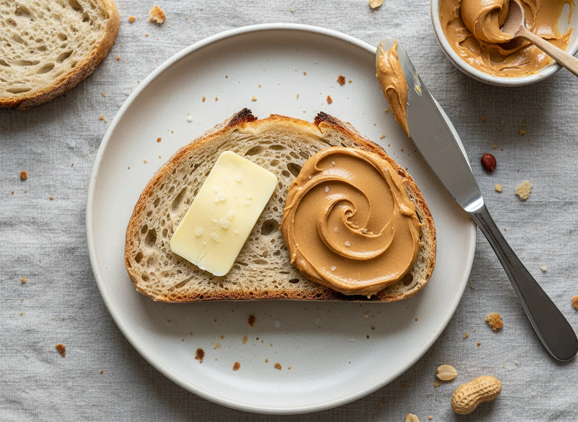 Sourdough bread with butter and peanut butter photo