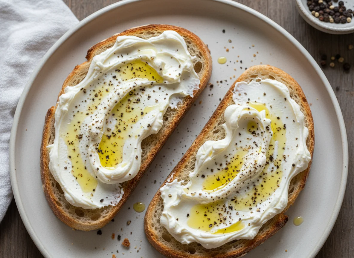 Sourdough toast with cream cheese and olive oil photo