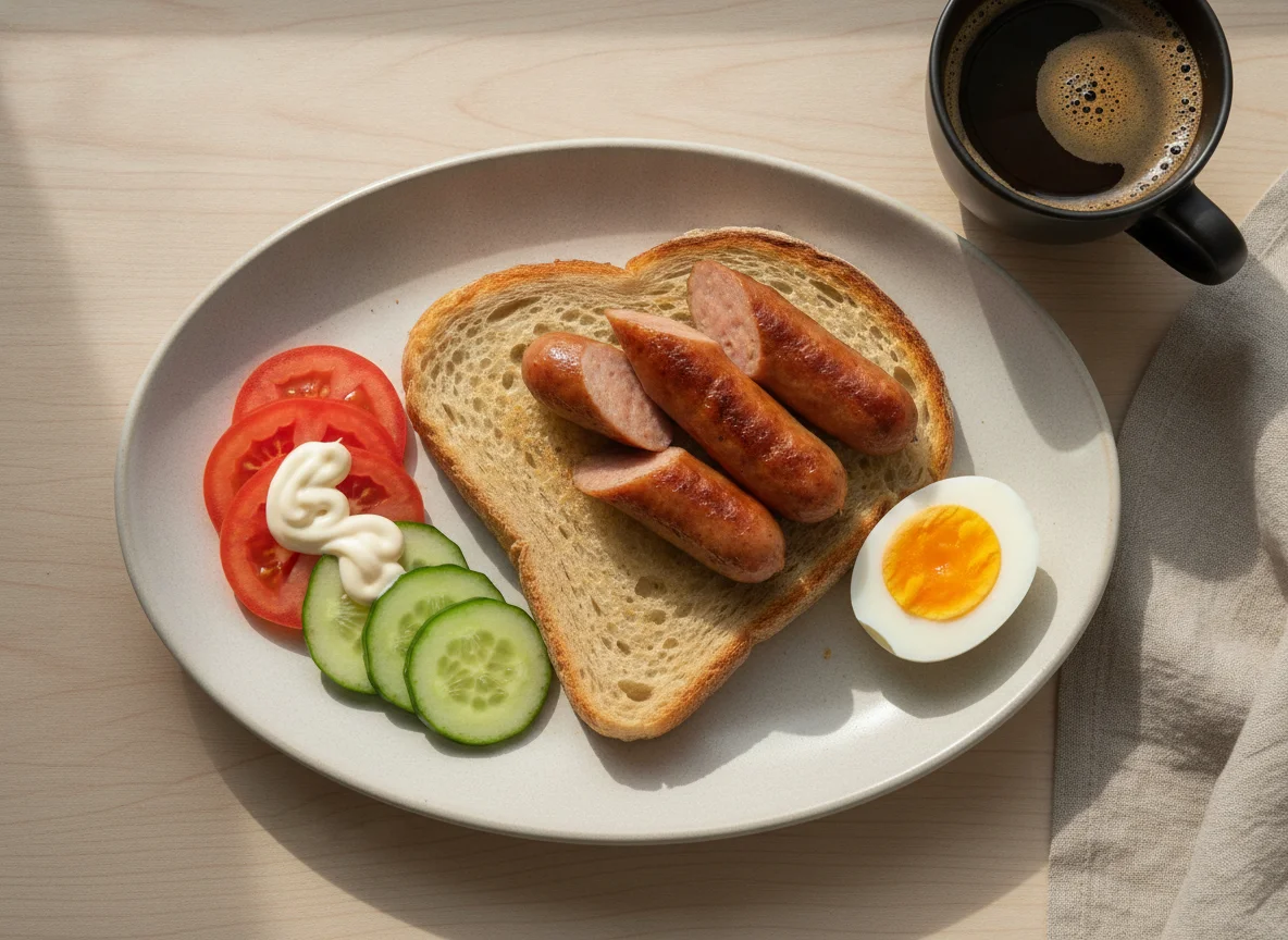 Sourdough toast with sausages, egg, and vegetables photo