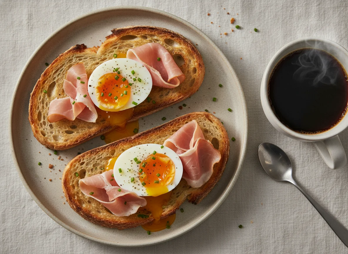 Sourdough toast with soft boiled eggs and ham photo