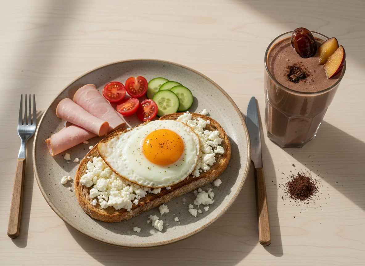Sourdough with Feta, Fried Egg, Ham and Protein Smoothie photo