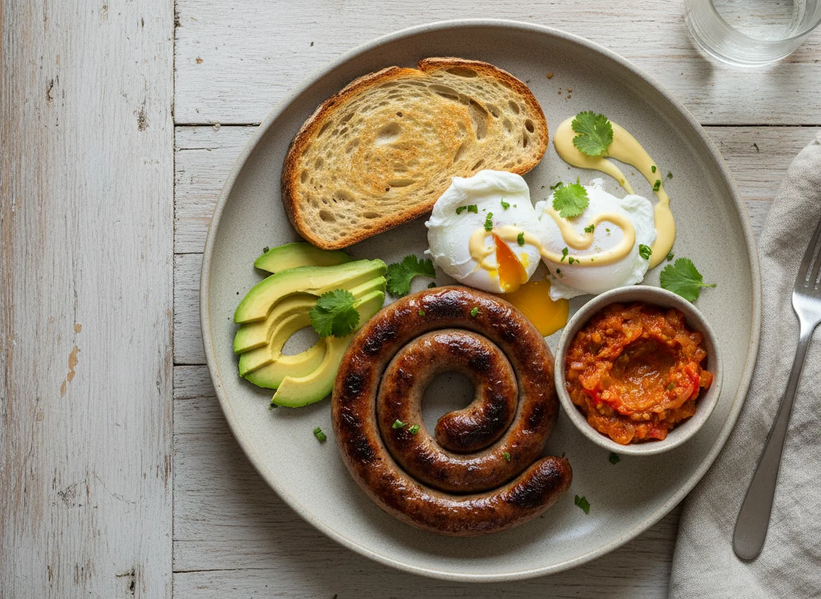 South African Breakfast with Boerewors and Poached Eggs photo