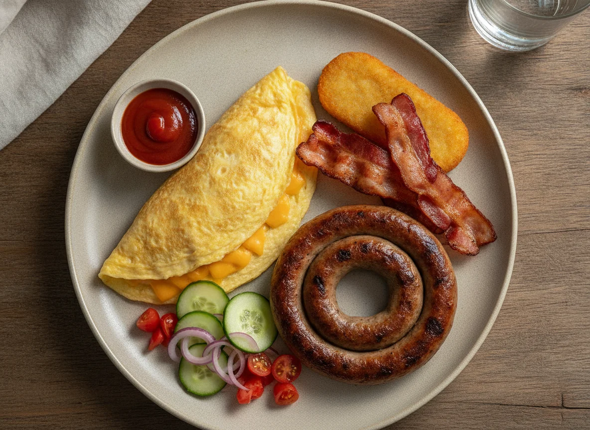 South African Style Breakfast Omelette with Boerewors and Bacon photo