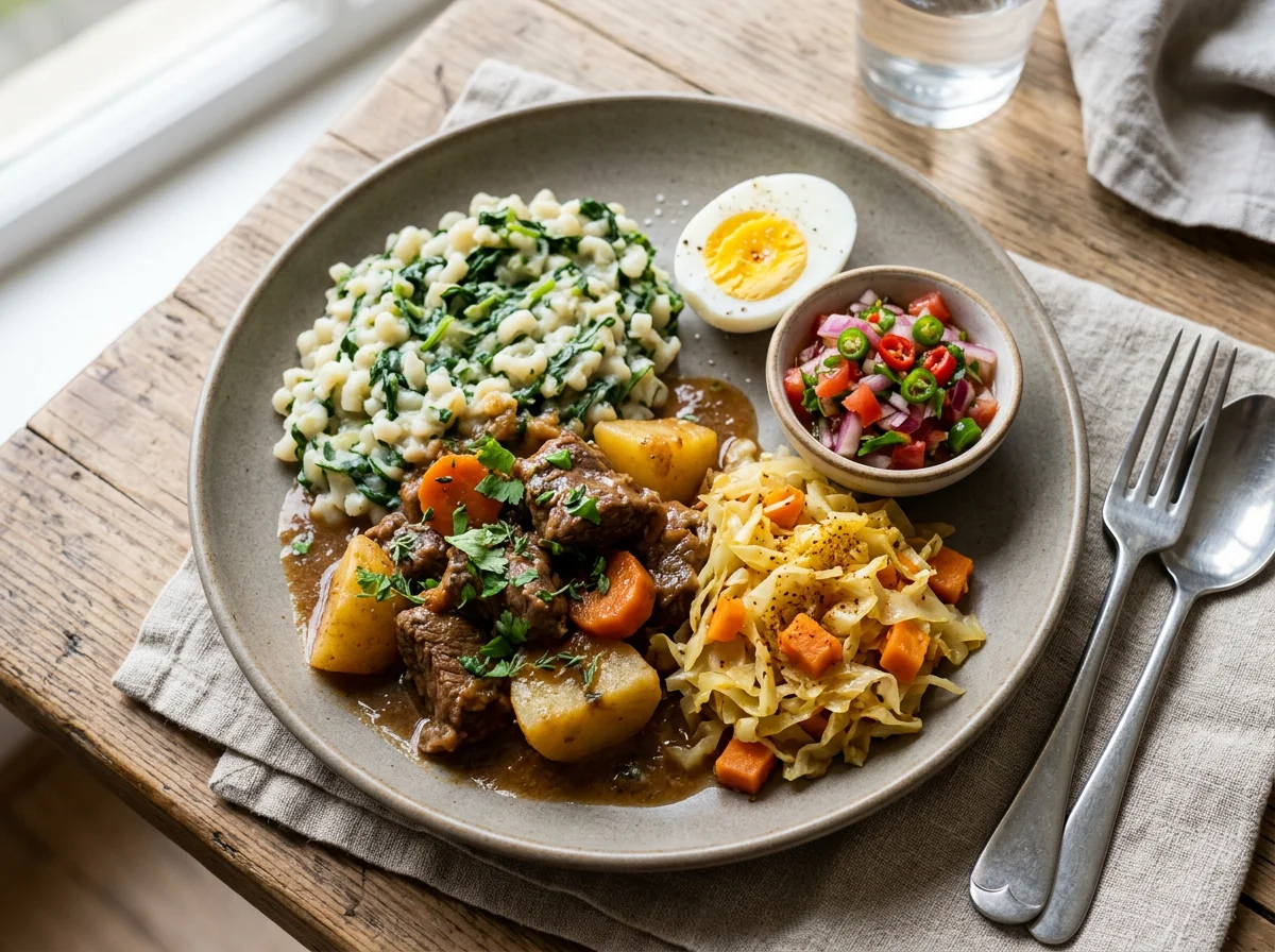 South African Style Meal with Stew, Cabbage, and Samp photo