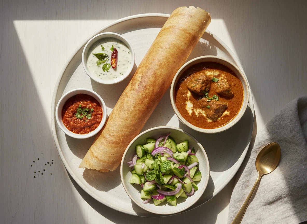 South Asian style meal with Dosa, Curry, Chutney and Salad photo