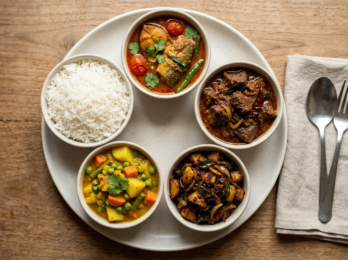 South Asian style meal with fish curry and rice photo