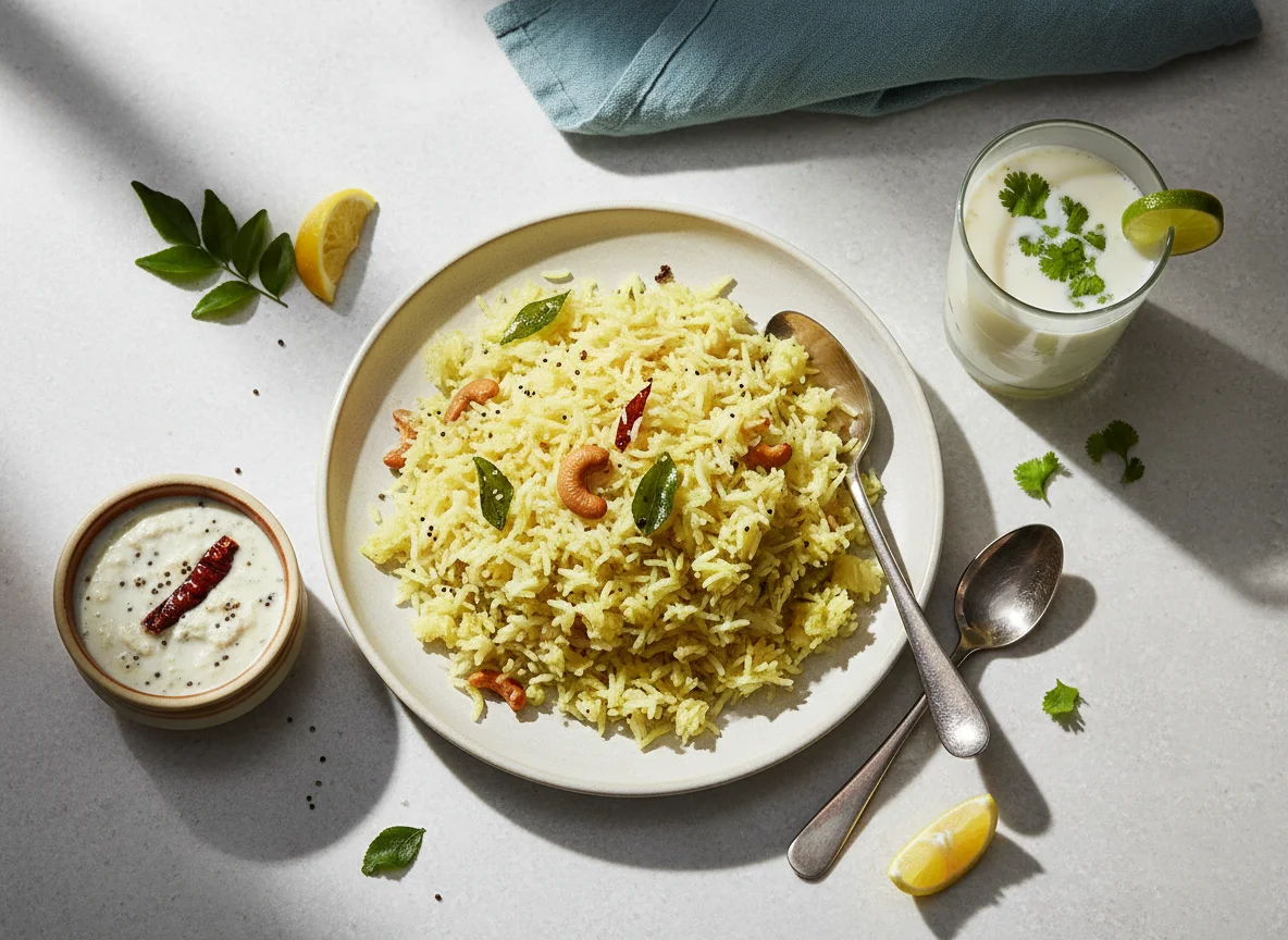 South Indian Meal (Lemon Rice, Chutney, Buttermilk) photo