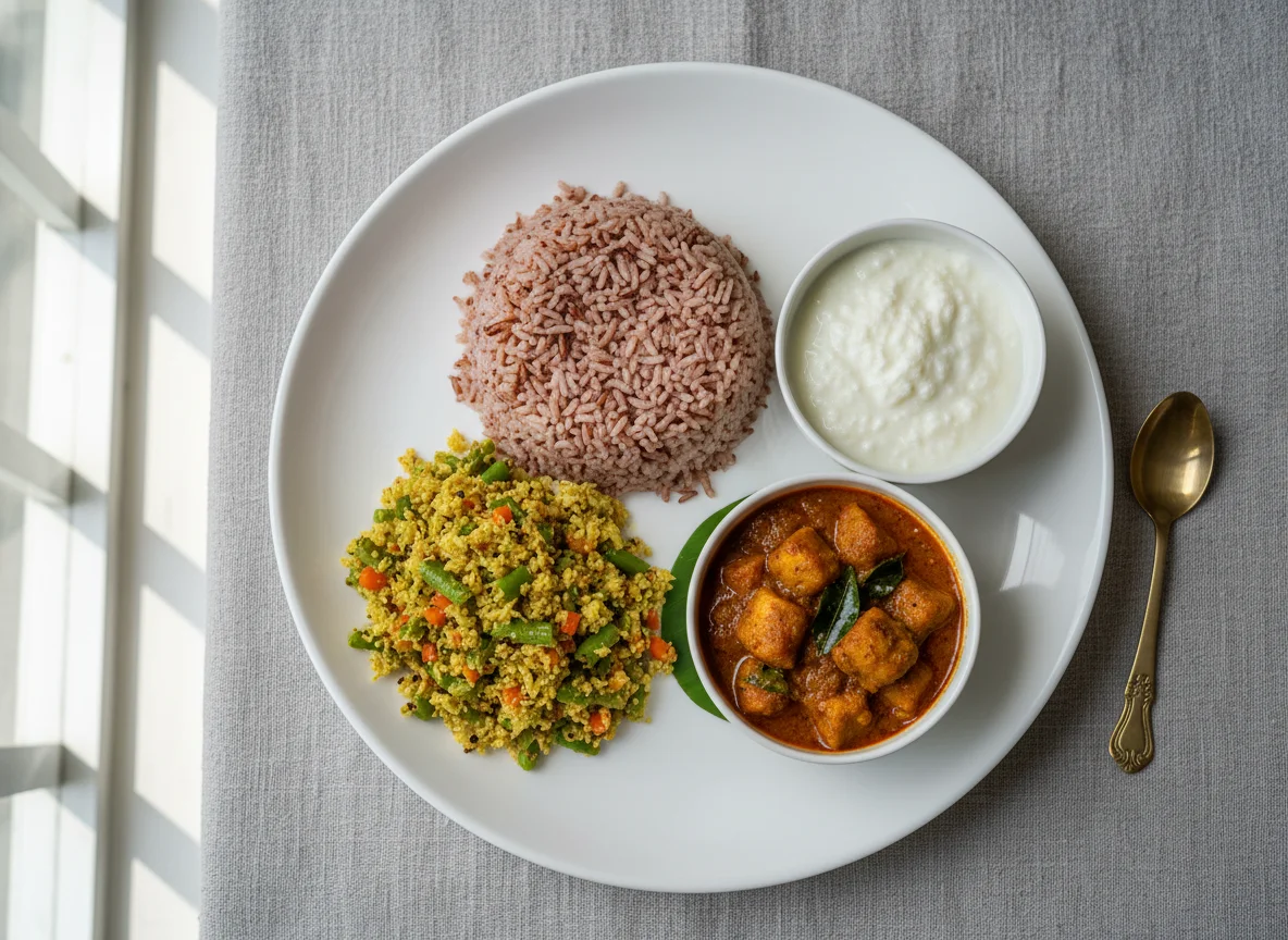 South Indian Meal with Matta Rice, Curd, Soya Chunks, and Thoran photo