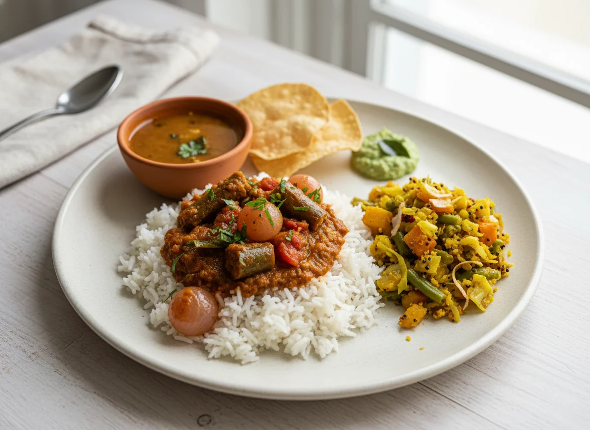 South Indian Meal with Rice, Sambar, and Vegetable Stir-fry photo