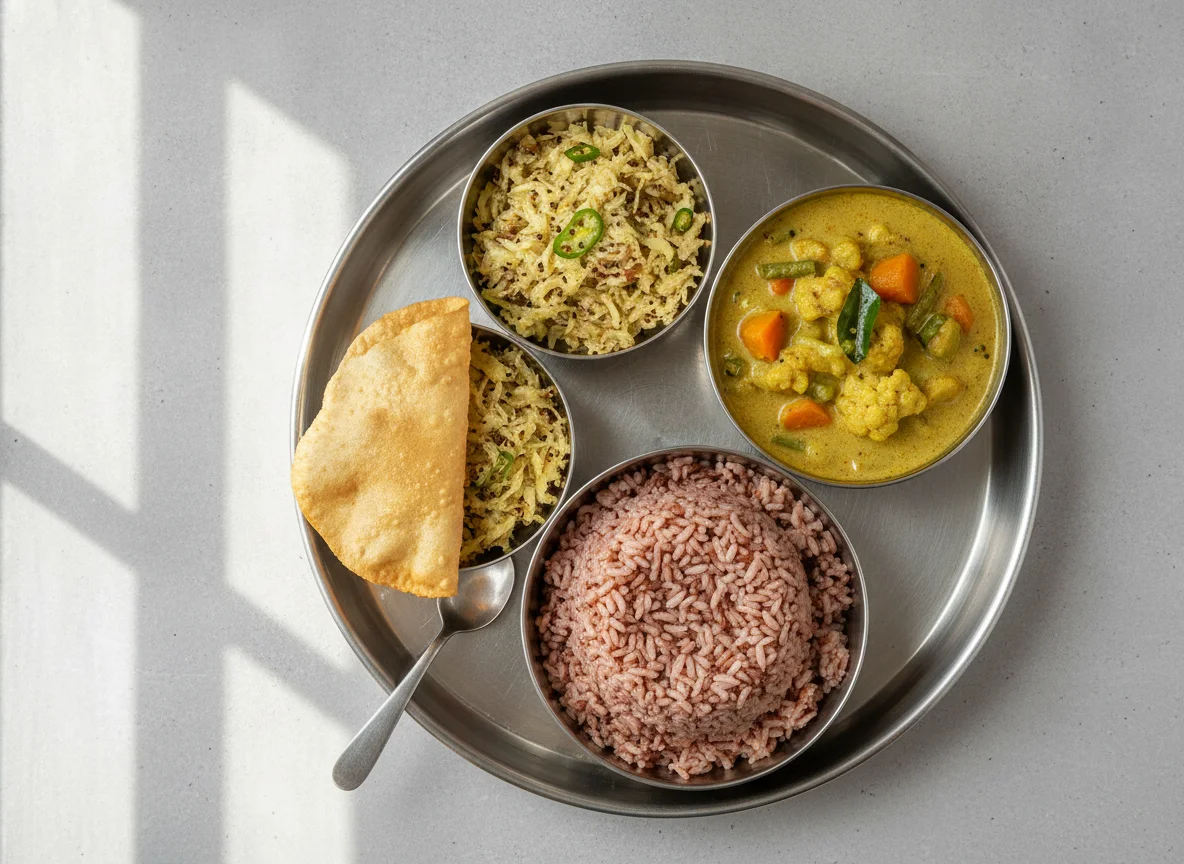 South Indian Thali with Red Rice and Vegetable Curry photo