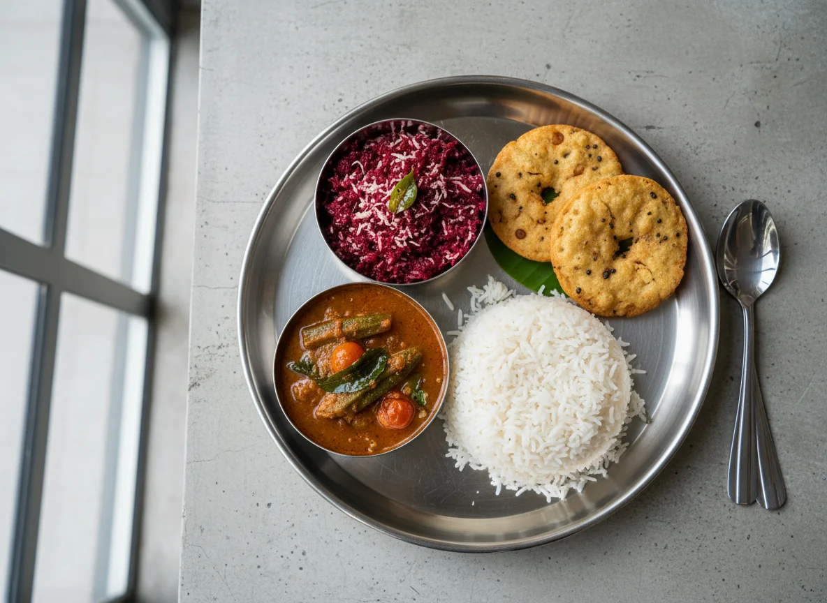 South Indian Thali with Rice, Sambar, Beetroot Poriyal, and Thattai photo