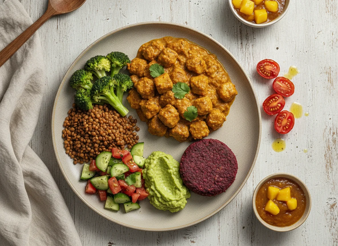 Soy curry with lentils, broccoli, and mixed salads photo