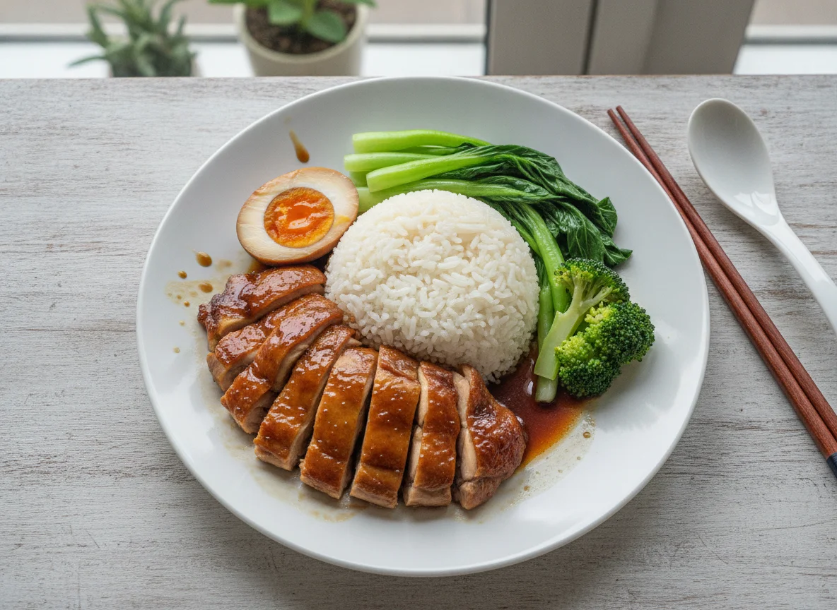 Soy Sauce Chicken Rice with Braised Egg and Vegetables photo