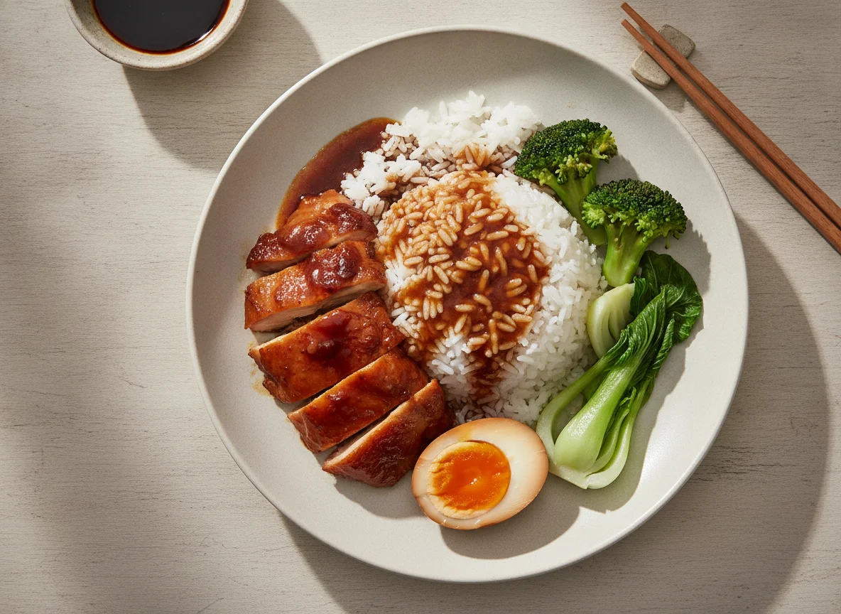 Soy Sauce Chicken Rice with Egg and Vegetables photo