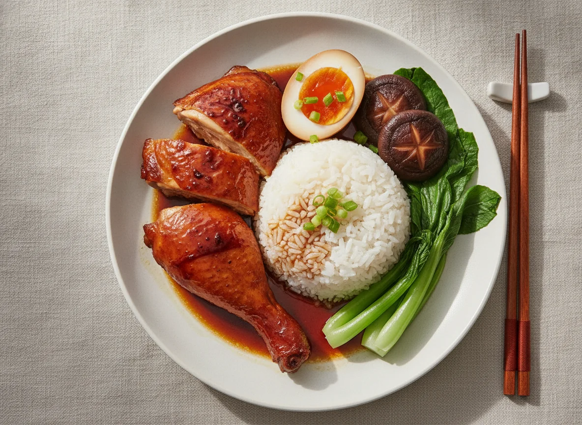 Soy Sauce Chicken with Rice and Vegetables photo