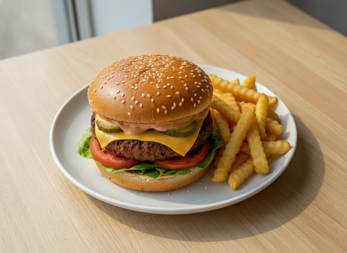 Soya Burger with French Fries photo
