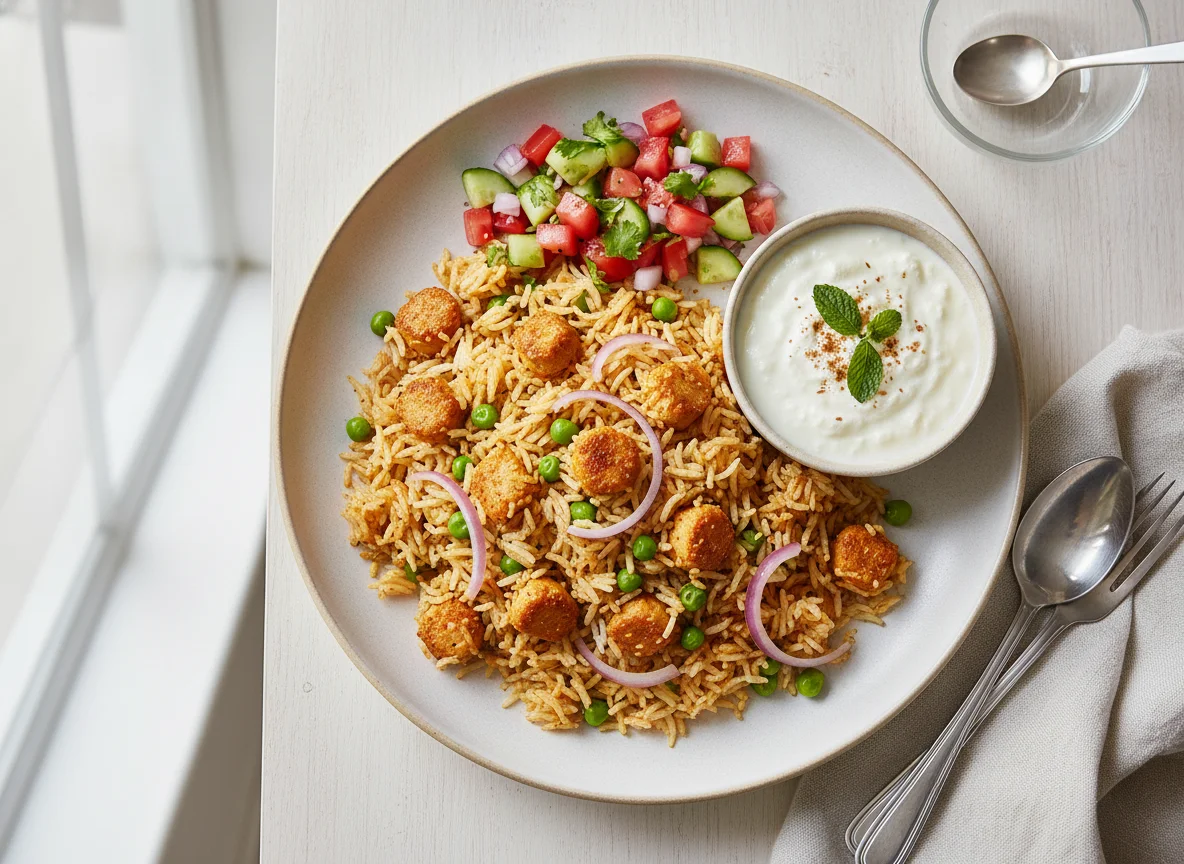 Soya Chunks Pulao with Raita and Kachumber Salad photo
