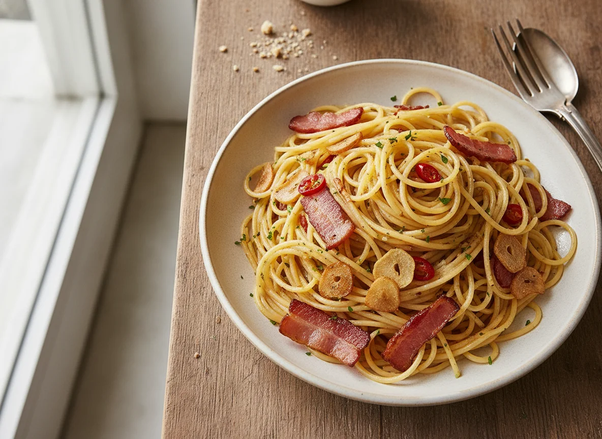 Spaghetti Aglio e Olio with Bacon photo