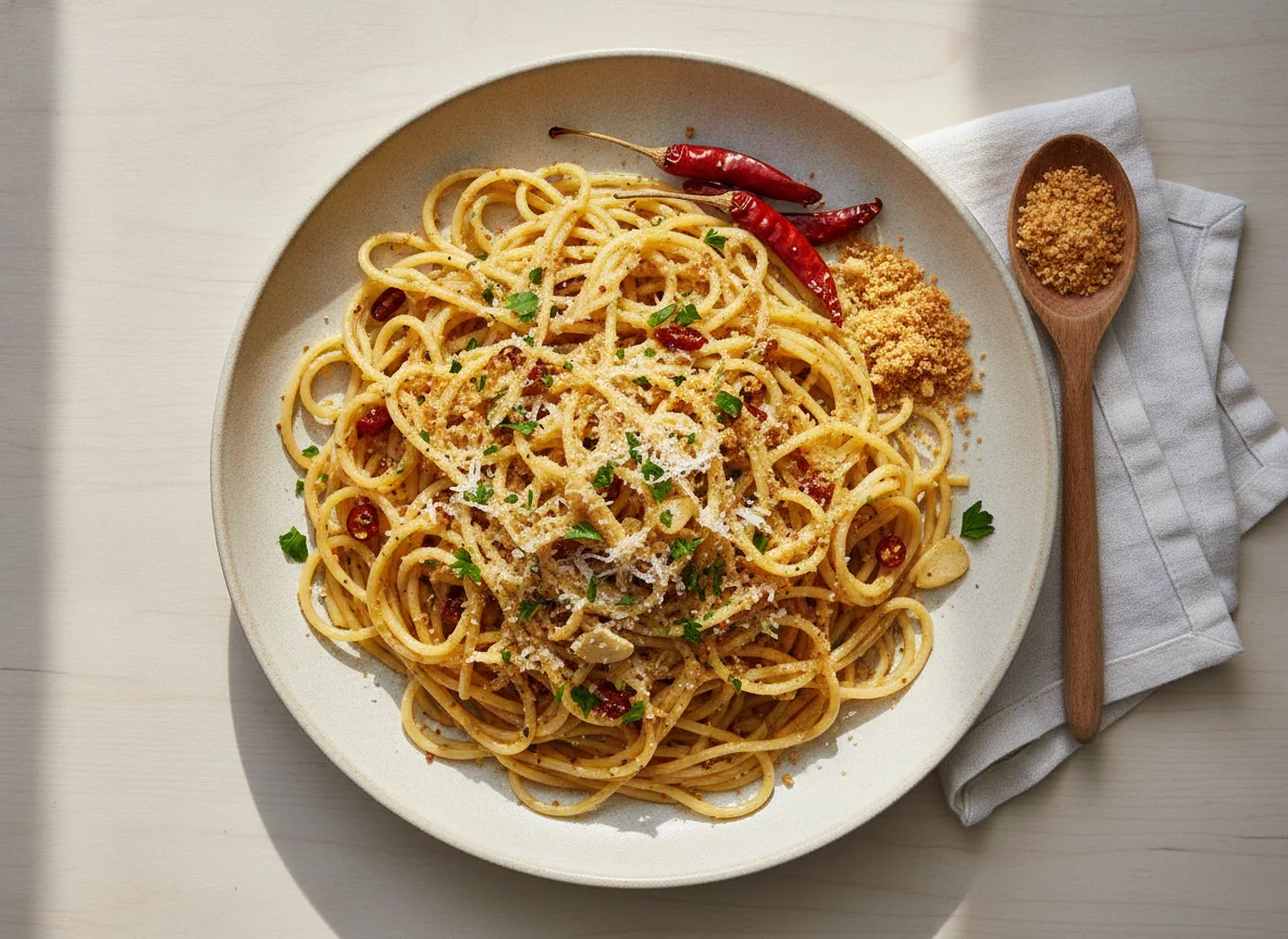 Spaghetti Aglio e Olio with Chili and Breadcrumbs photo