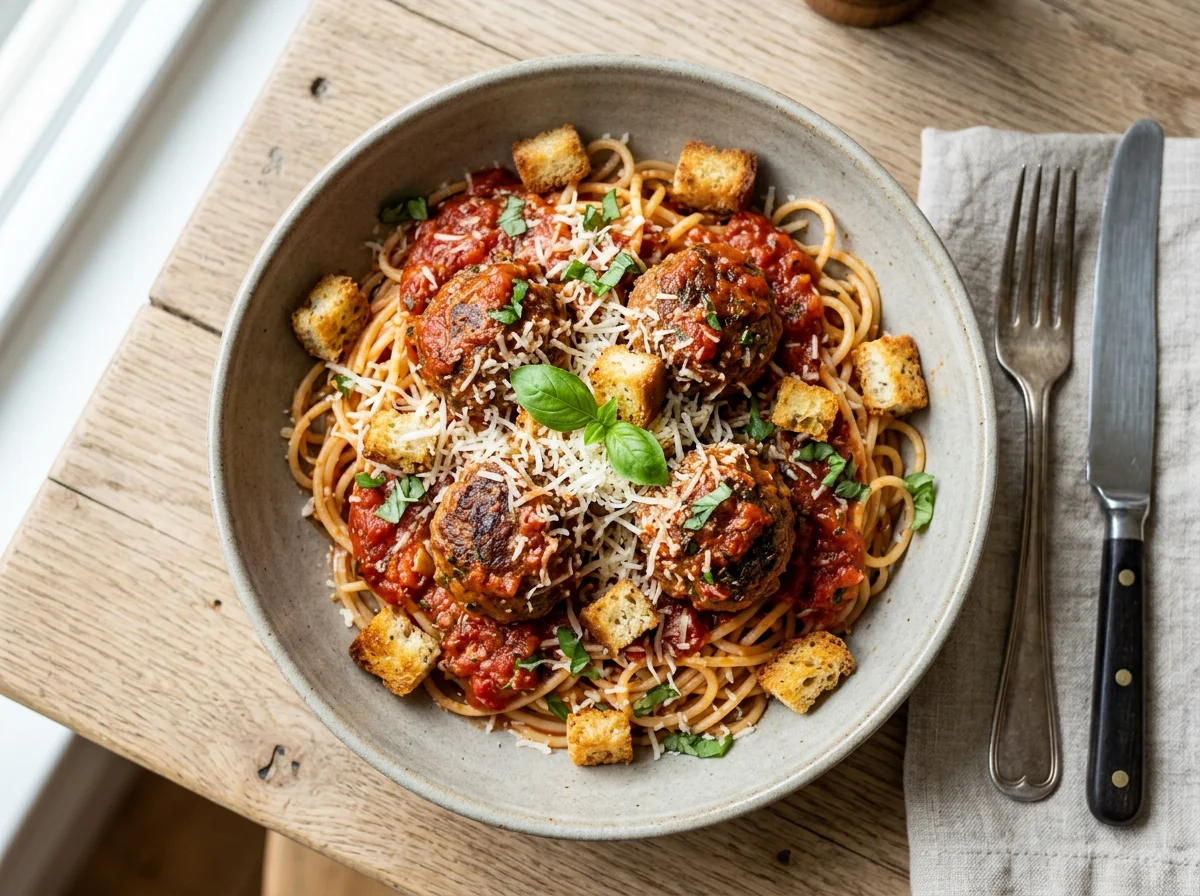 Spaghetti and Meatballs with Croutons photo