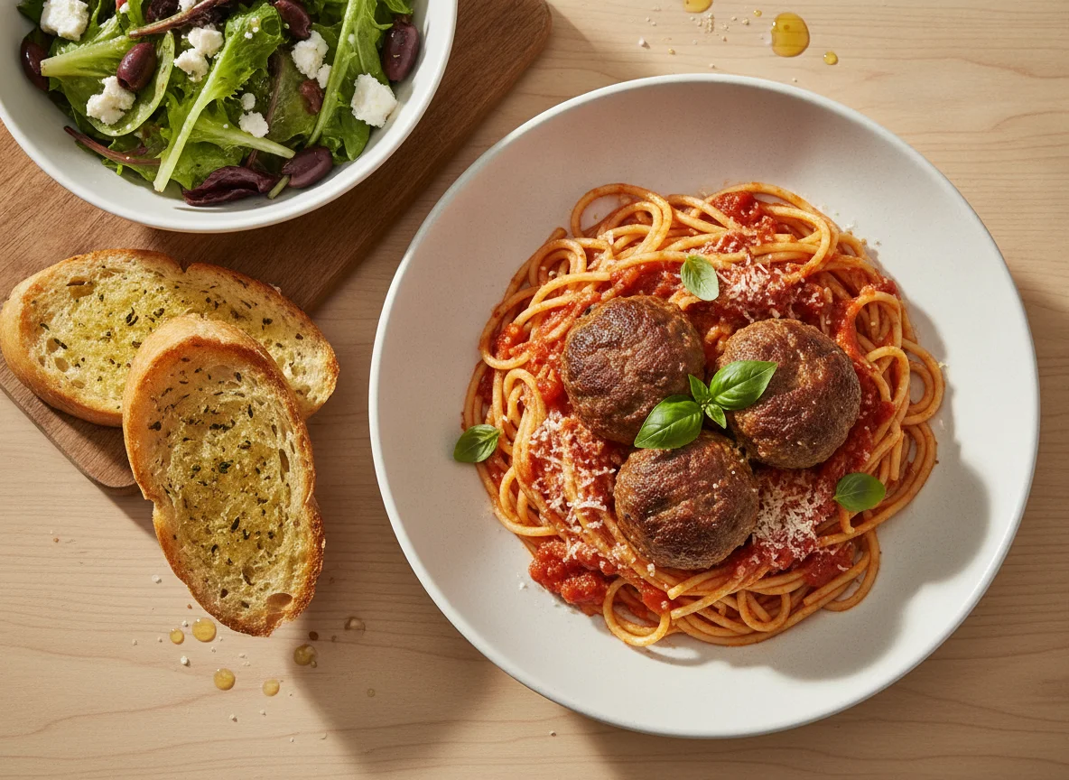 Spaghetti and Meatballs with Side Salad and Garlic Bread photo