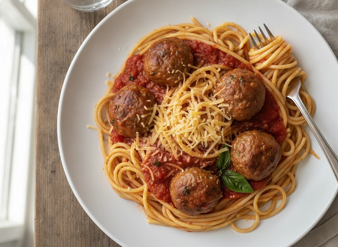 Spaghetti and Meatballs with Tomato Sauce and Cheese photo