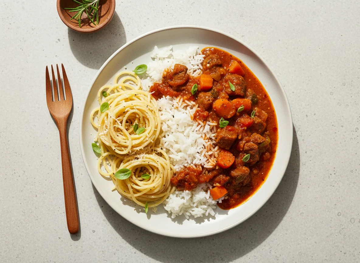 Spaghetti and Rice with Stew photo