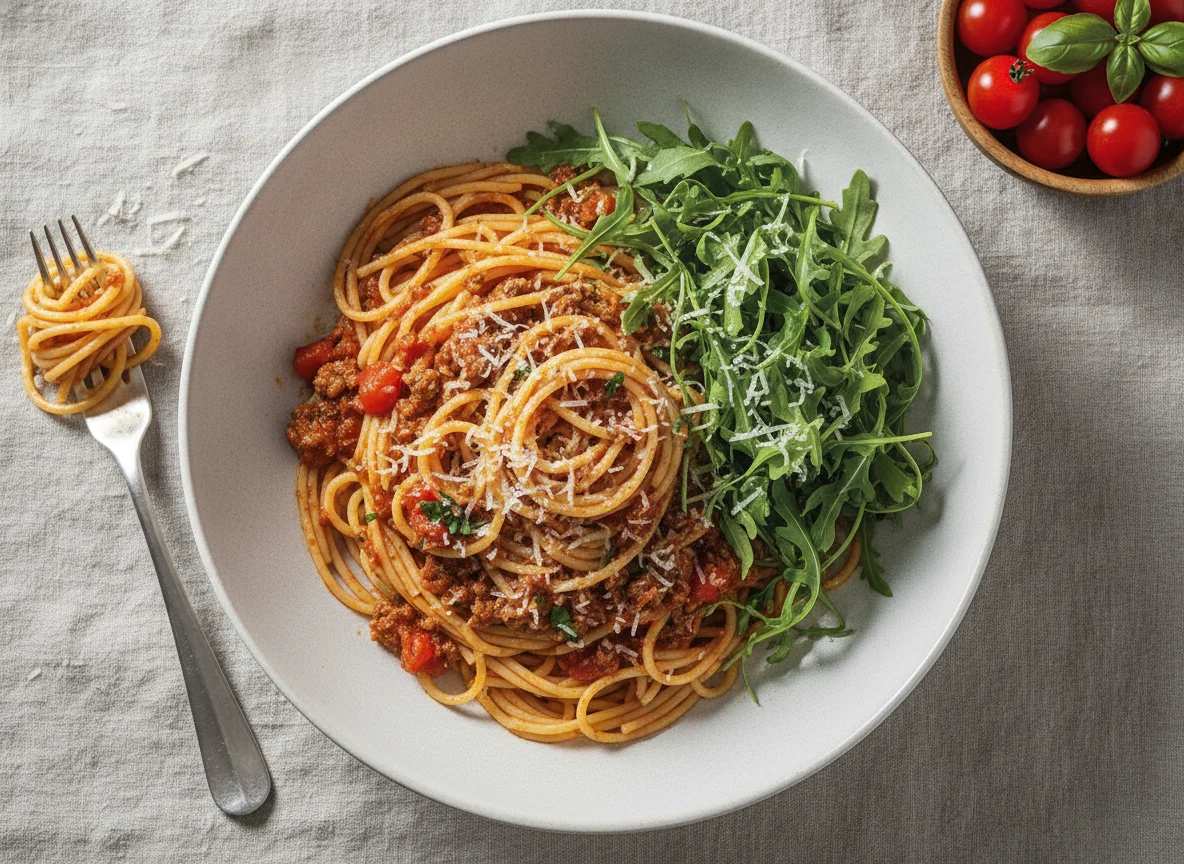 Spaghetti Bolognese with Arugula photo