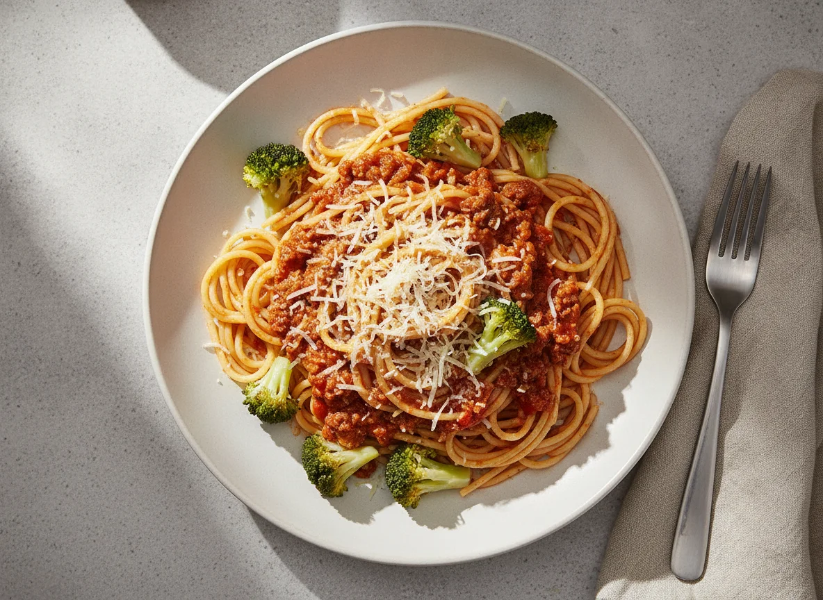 Spaghetti Bolognese with Broccoli and Cheese photo