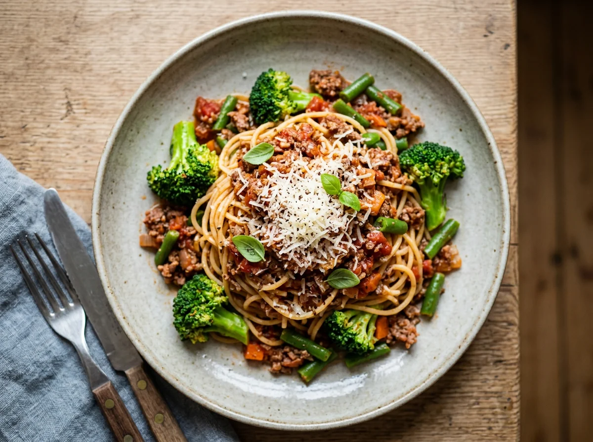 Spaghetti Bolognese with Broccoli and Green Beans photo