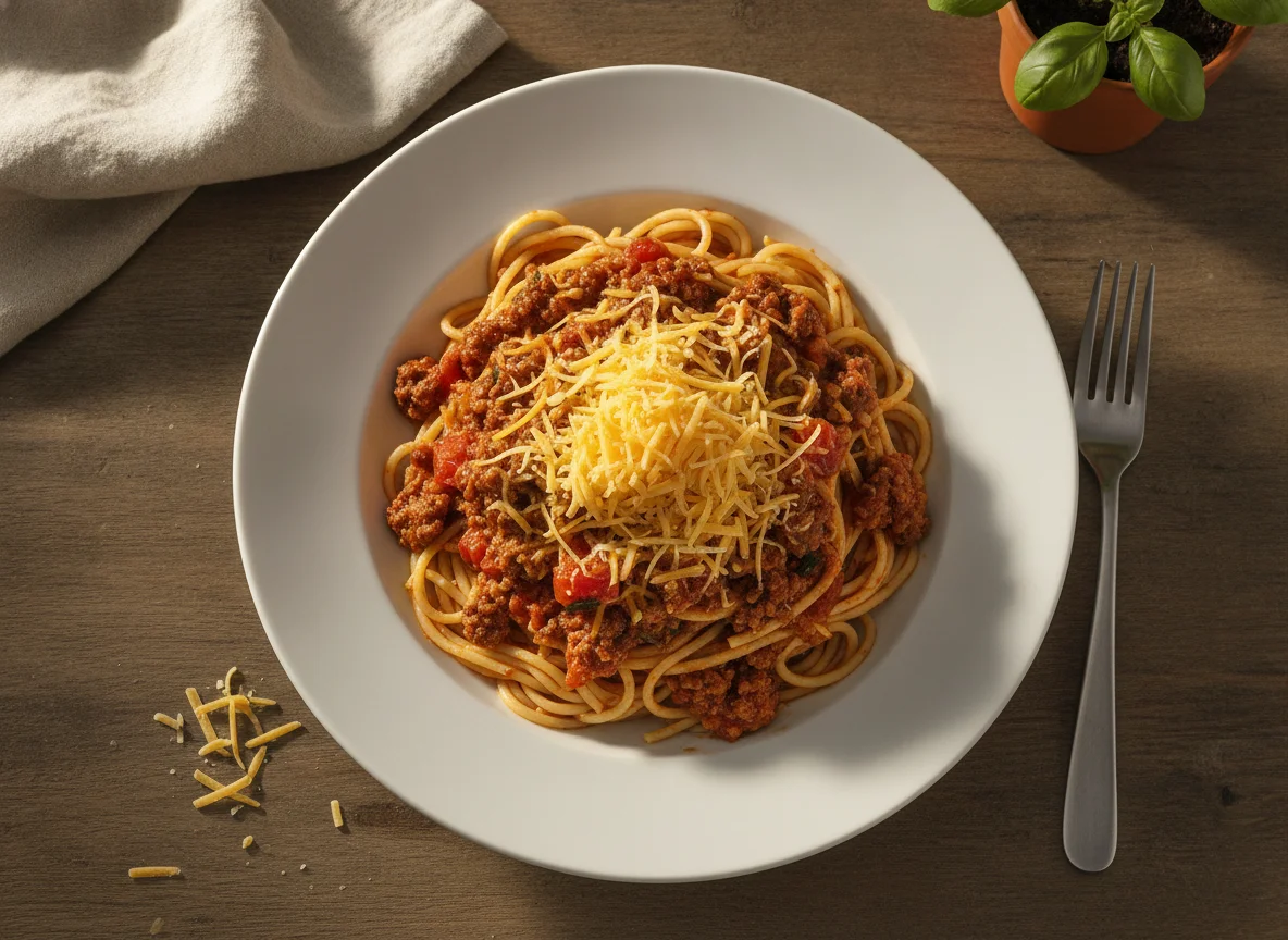 Spaghetti Bolognese with Cheddar Cheese photo