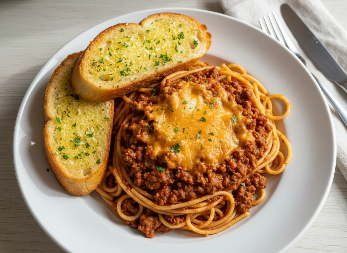 Spaghetti Bolognese with Garlic Bread photo