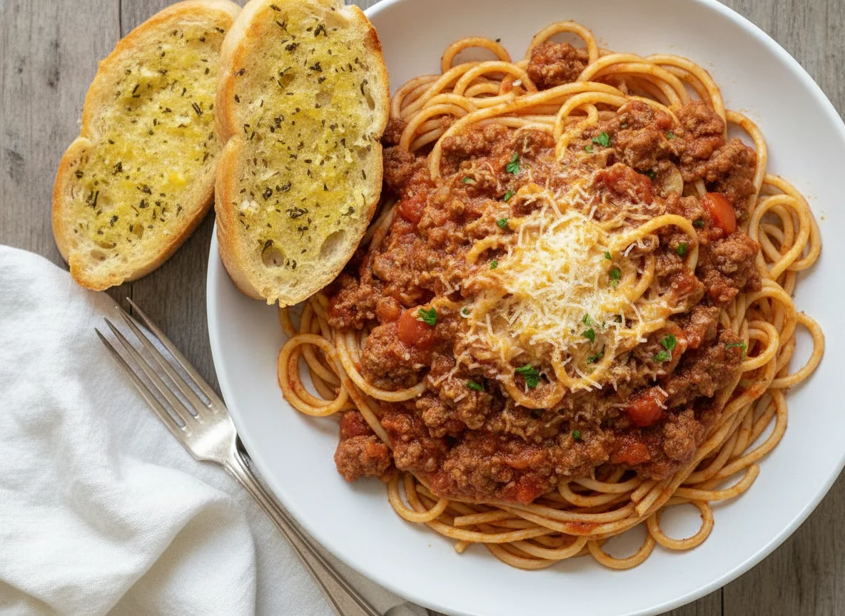 Spaghetti Bolognese with Garlic Bread and Cheese photo
