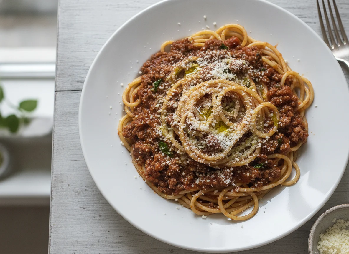 Spaghetti Bolognese with Grated Cheese photo