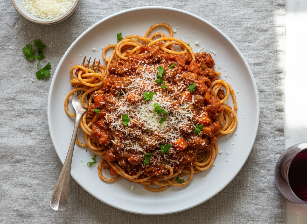 Spaghetti Bolognese with Parsley and Cheese photo