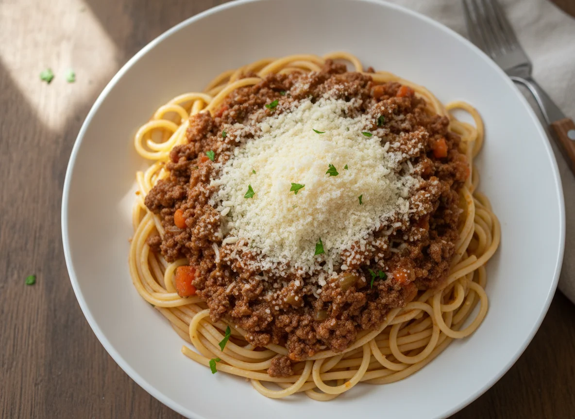 Spaghetti Bolognese with Shredded Cheese photo