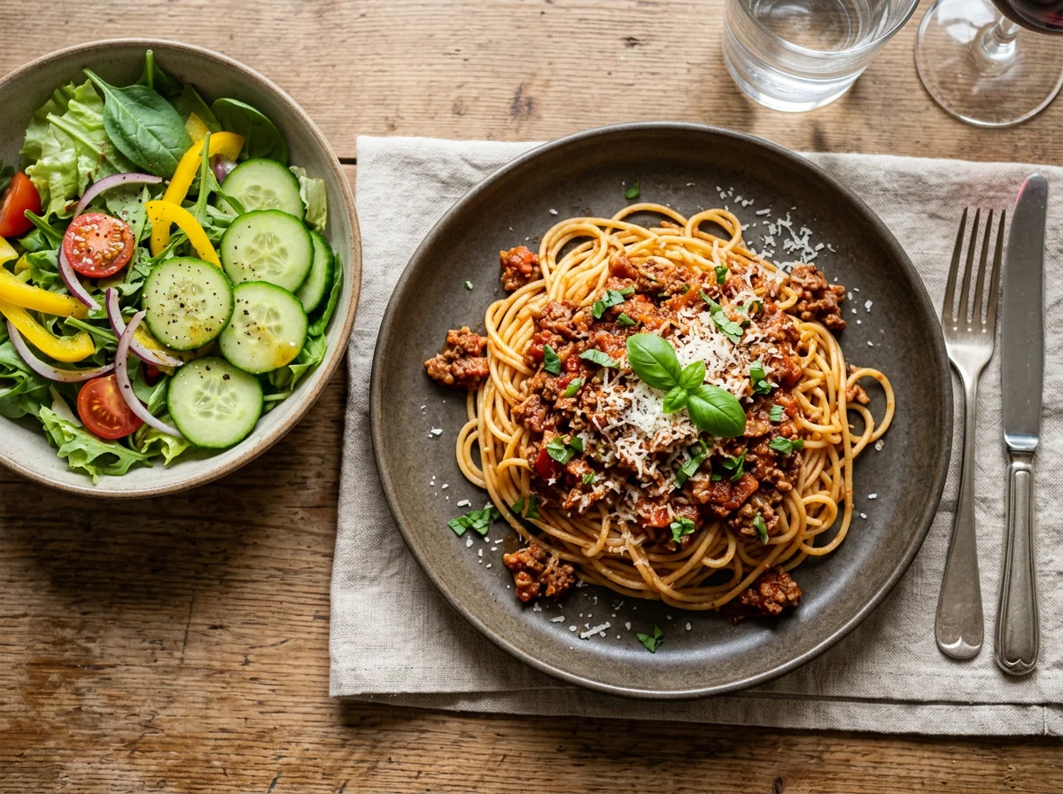 Spaghetti Bolognese with side salad photo